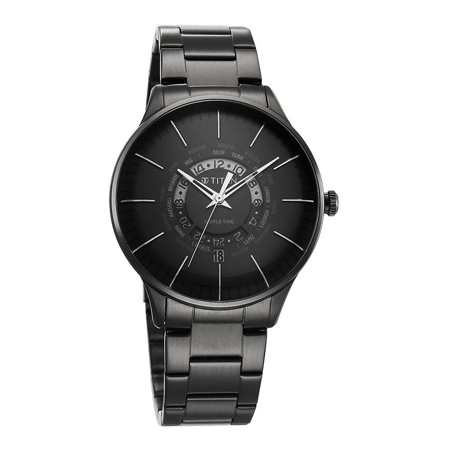Titan Black Dial Stainless Steel Strap World Time with Date Watch for Men