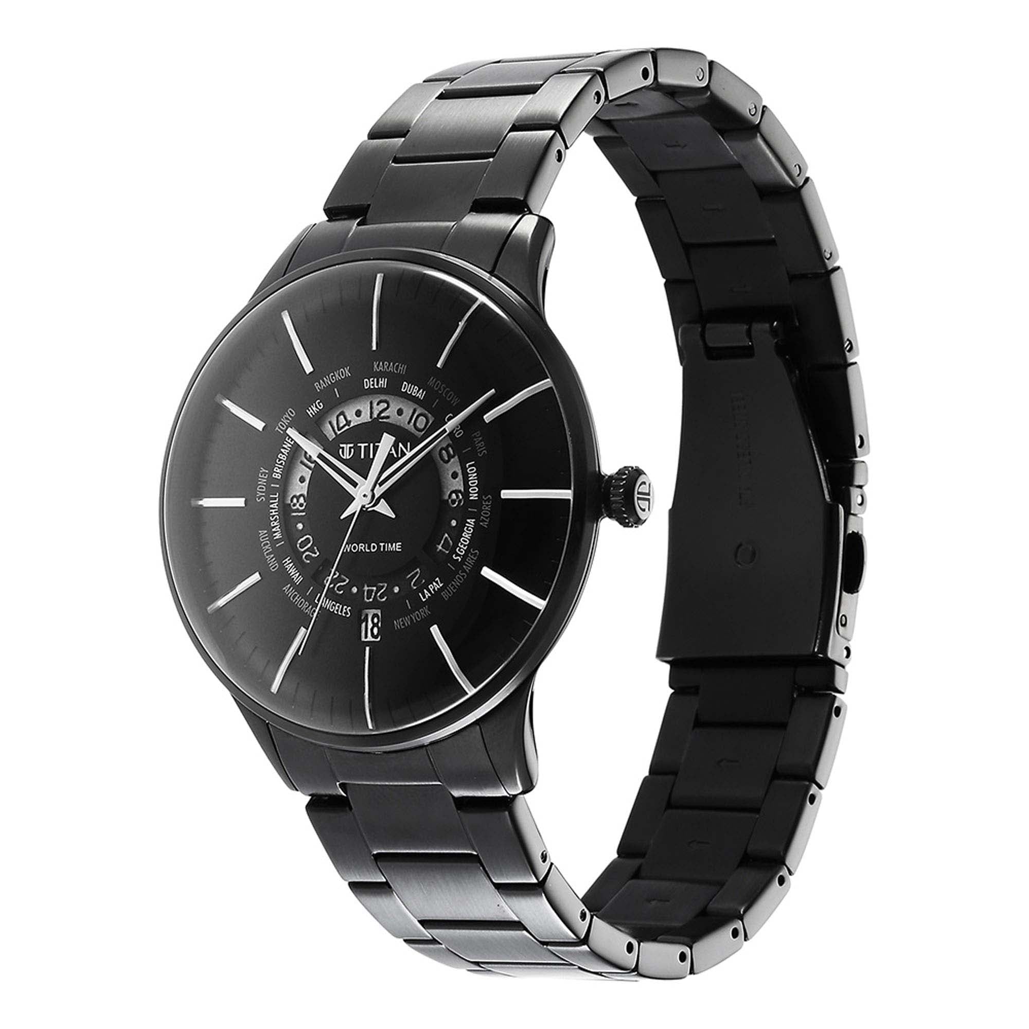 Titan Black Dial Stainless Steel Strap World Time with Date Watch for Men