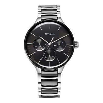 Titan Ceramic Fusion Quartz Multifunction Black Dial Silver Dual-Toned Stainless Steel Bracelet Watch for Men