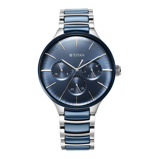 Titan Ceramic Fusion Quartz Multifunction Blue Dial Silver Dual-Toned Stainless Steel Bracelet Watch for Men