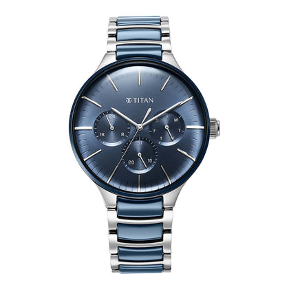 Titan Ceramic Fusion Quartz Multifunction Blue Dial Silver Dual-Toned Stainless Steel Bracelet Watch for Men