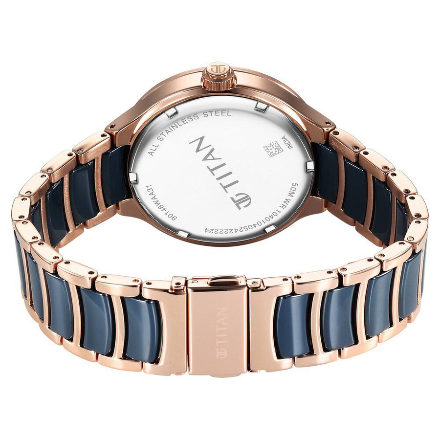Titan Ceramic Fusion Quartz Multifunction Blue Dial With Two Toned Color Stainless Steel Strap Watch For Men