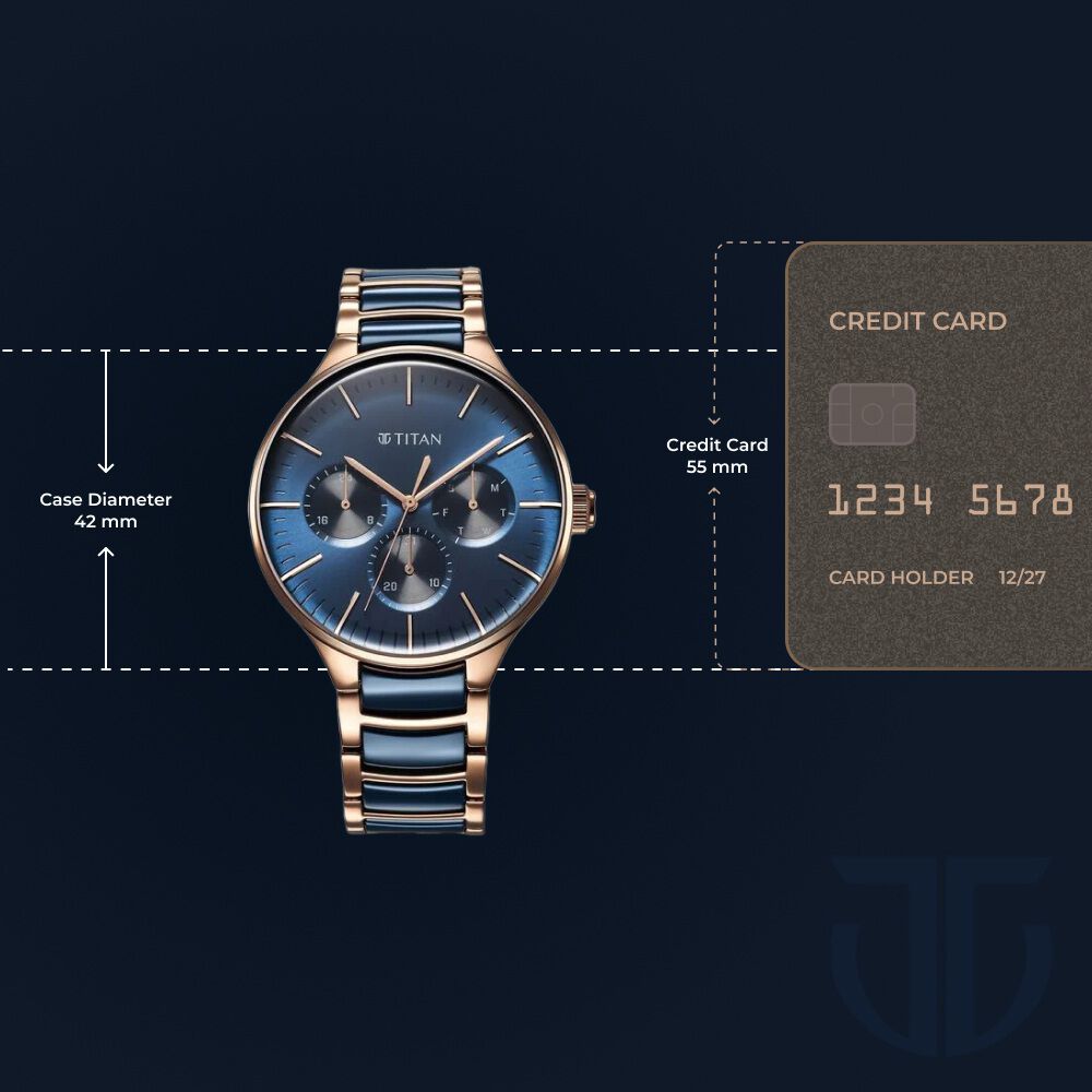 Titan Ceramic Fusion Quartz Multifunction Blue Dial With Two Toned Color Stainless Steel Strap Watch For Men