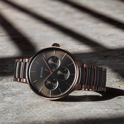 Titan Ceramic Fusion Multifunction Black Dial With Two Toned Color Stainless Steel Strap Watch For Men