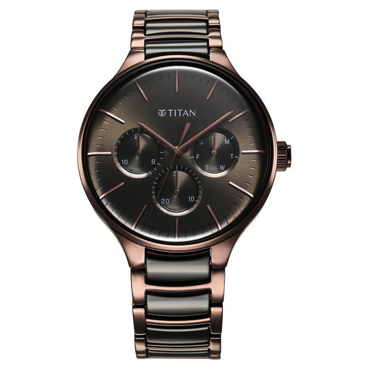 Titan Ceramic Fusion Quartz Multifunction Black Dial With Two Toned Color Stainless Steel Strap Watch For Men