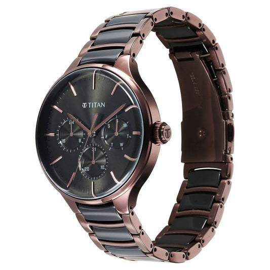 Titan Ceramic Fusion Quartz Multifunction Black Dial With Two Toned Color Stainless Steel Strap Watch For Men