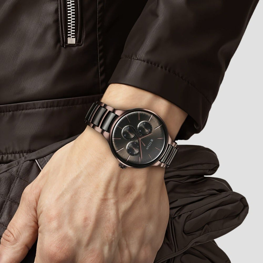 Titan Ceramic Fusion Multifunction Black Dial With Two Toned Color Stainless Steel Strap Watch For Men