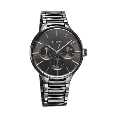 Titan Ceramic Fusion Multifunction Black Round Dial Two Toned Stainless Steel Strap Watch For Men