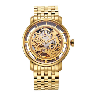 Titan Mechanical Slimline Golden Dial Mechanical Stainless Steel Strap watch for Men