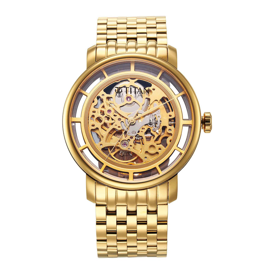 Titan Mechanical Slimline Golden Dial Mechanical Stainless Steel Strap watch for Men
