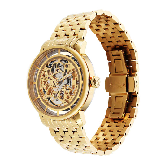 Titan Mechanical Slimline Golden Dial Mechanical Stainless Steel Strap watch for Men