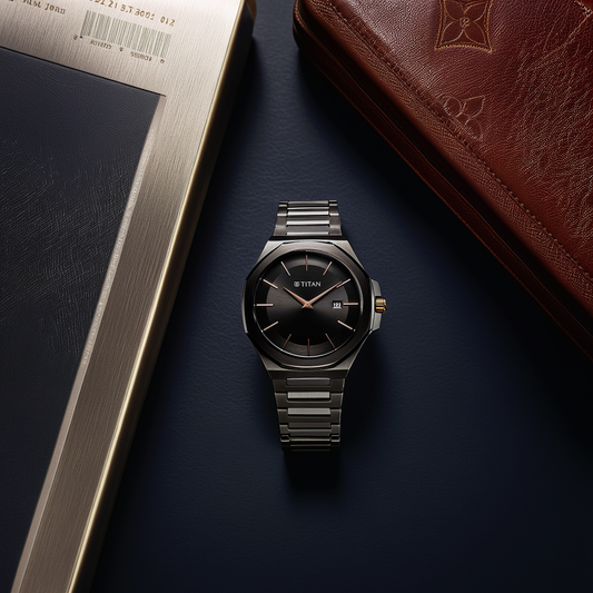 Titan Classic Slim Quartz Analog with Date Black Dial Stainless Steel Strap Watch for Men