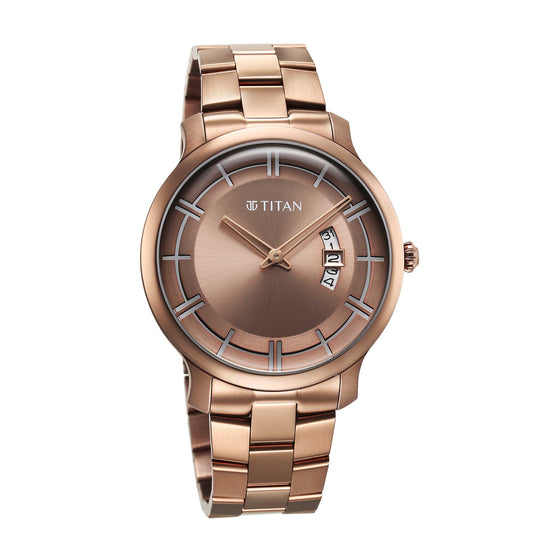 Titan Clasique Slim Quartz Analog with Date Coffee Brown Dial Stainless Steel Strap Watch For Men