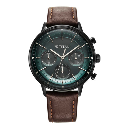 Titan Light Leathers Quartz Multifunction Black Dial Leather Strap Watch for Men