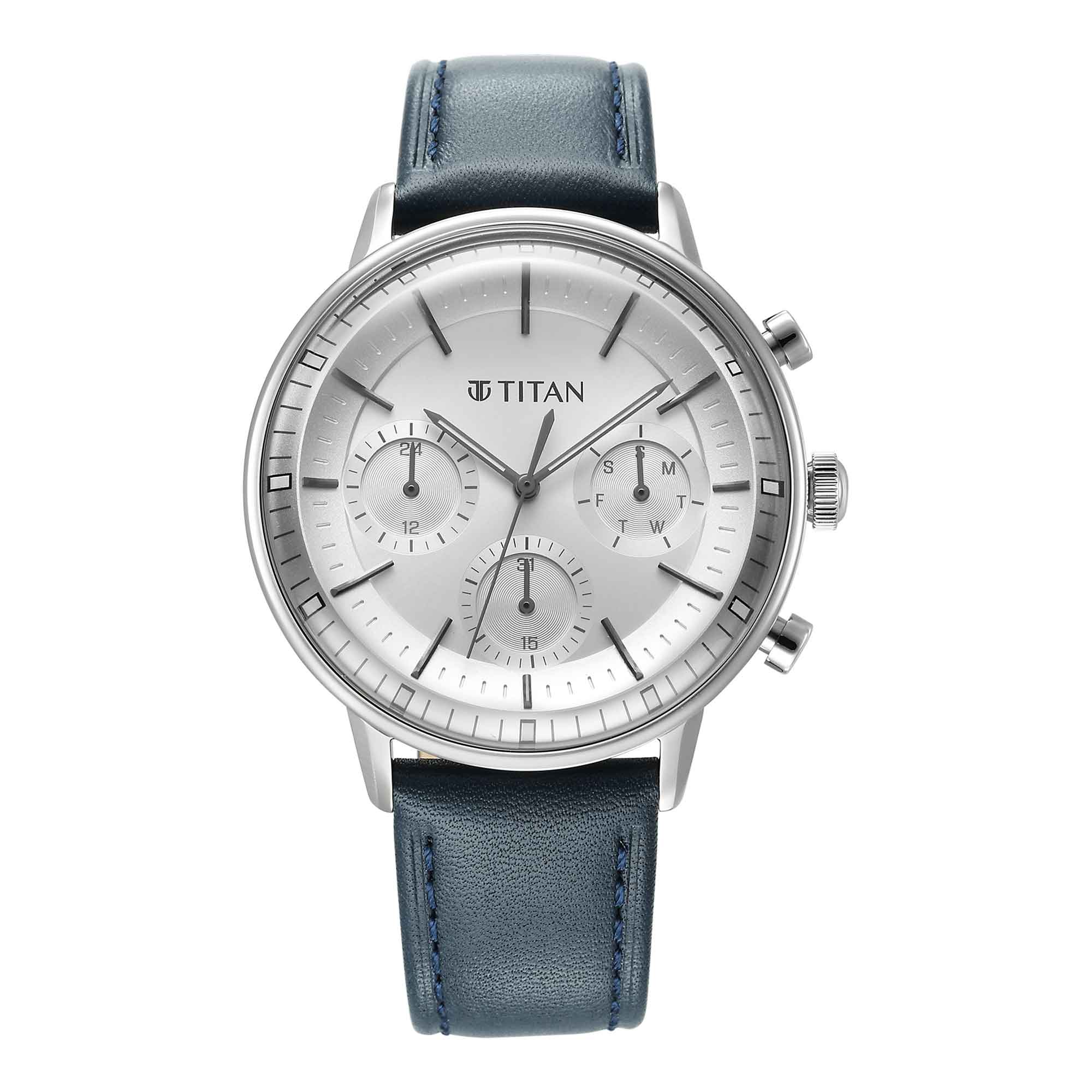 Titan Light Leathers Quartz Multifunction Black Dial Stainless Steel Strap Watch for Men