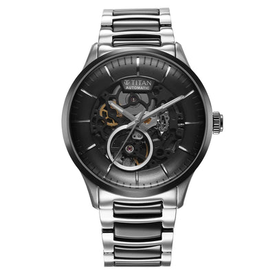 Titan Ceramic Fusion Automatic Black Dial Silver Dual-Toned Stainless Steel Bracelet Watch for Men