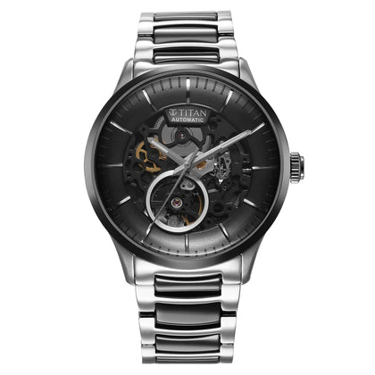 Titan Ceramic Fusion Automatic Black Dial Silver Dual-Toned Stainless Steel Bracelet Watch for Men
