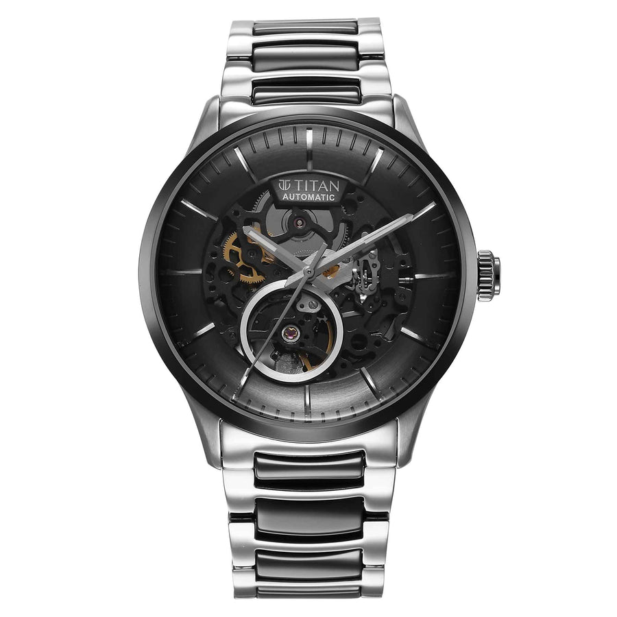 Titan Ceramic Fusion Automatic Black Dial Silver Dual-Toned Stainless Steel Bracelet Watch for Men