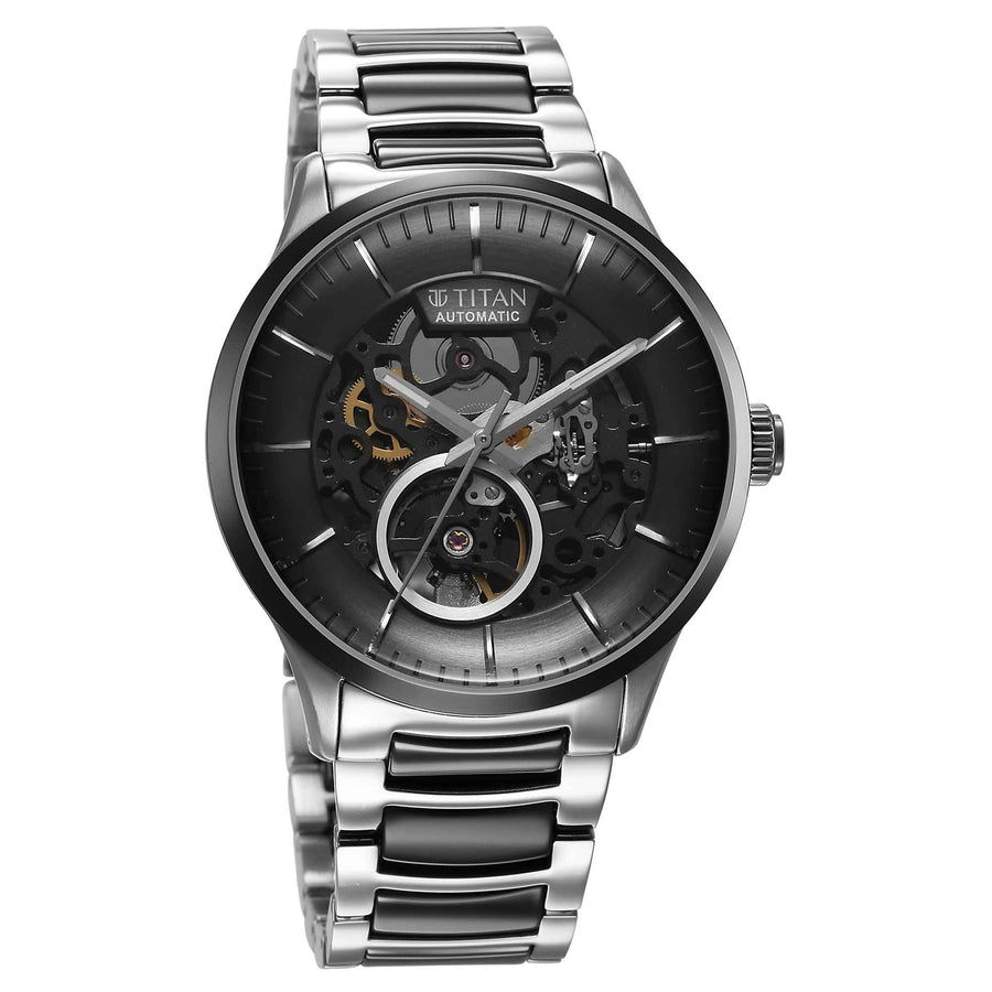 Titan Ceramic Fusion Automatic Black Dial Silver Dual-Toned Stainless Steel Bracelet Watch for Men