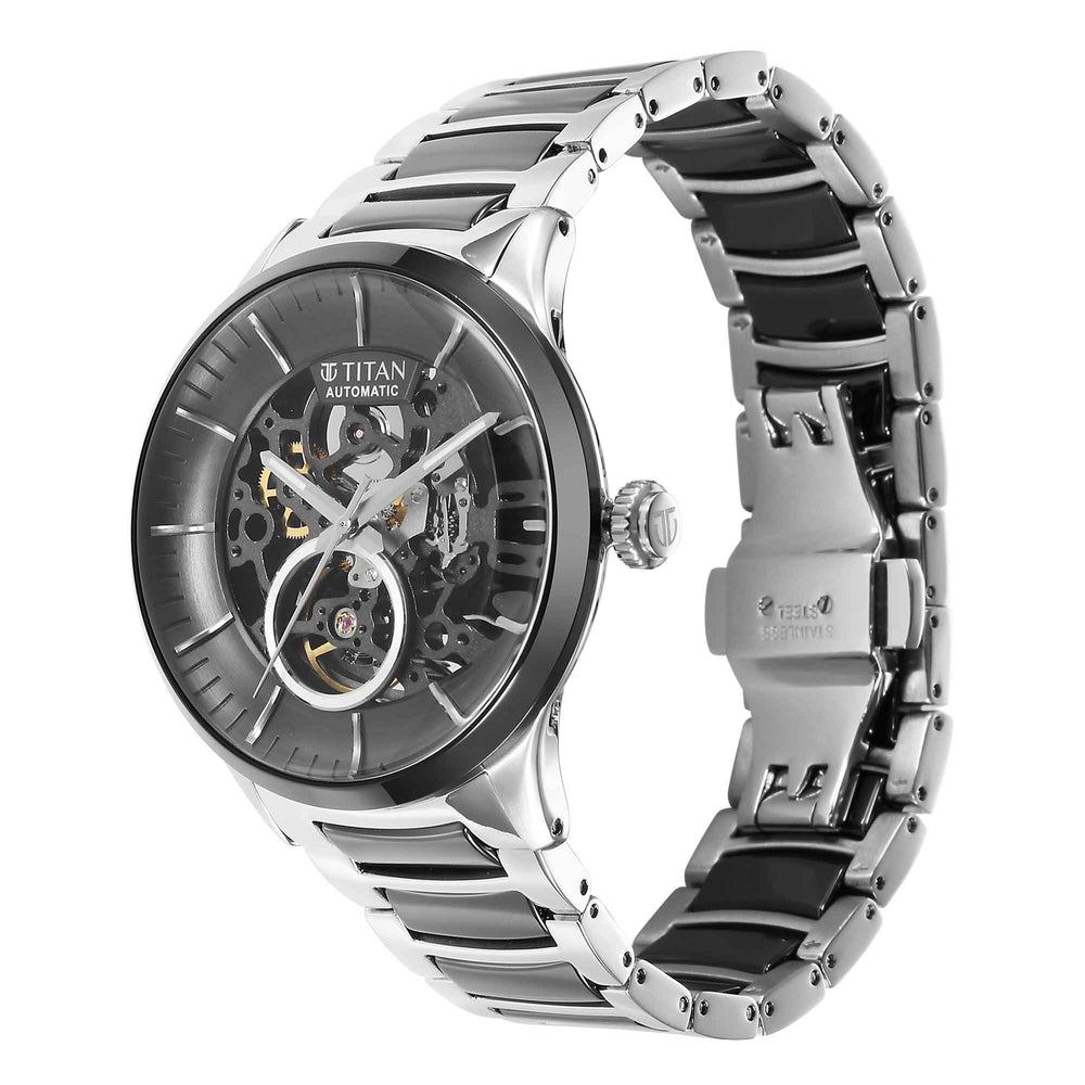 Titan Ceramic Fusion Automatic Black Dial Silver Dual-Toned Stainless Steel Bracelet Watch for Men