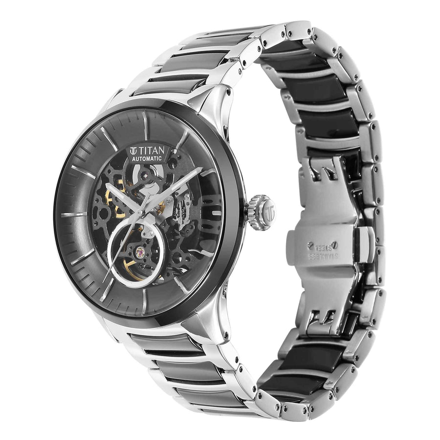 Titan Ceramic Fusion Automatic Black Dial Silver Dual-Toned Stainless Steel Bracelet Watch for Men