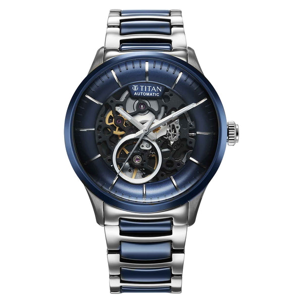 Titan Ceramic Fusion Automatic Blue Dial Silver Dual-Toned Stainless Steel Bracelet Watch for Men