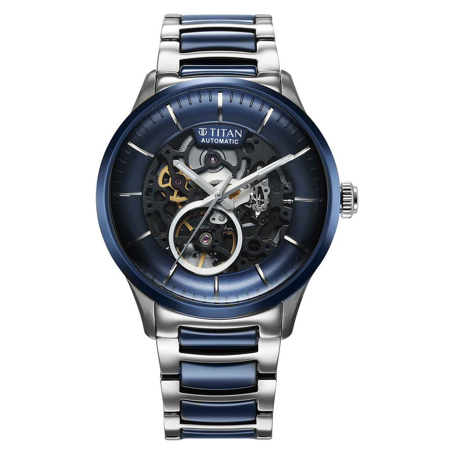 Titan Ceramic Fusion Automatic Blue Dial Silver Dual-Toned Stainless Steel Bracelet Watch for Men