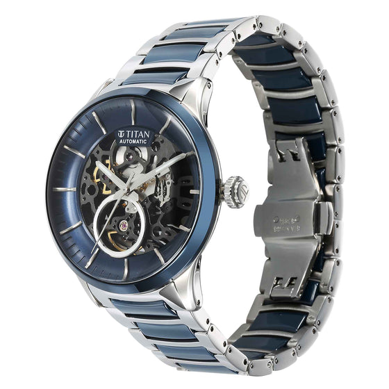 Titan Ceramic Fusion Automatic Blue Dial Silver Dual-Toned Stainless Steel Bracelet Watch for Men