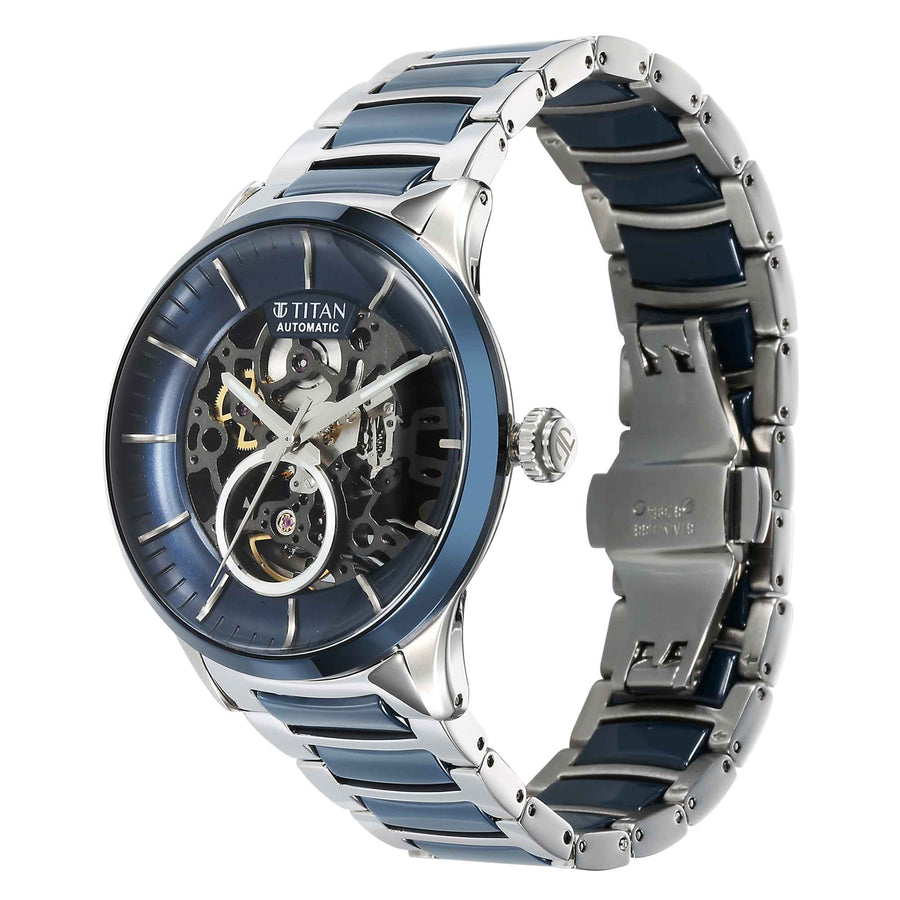 Titan Ceramic Fusion Automatic Blue Dial Silver Dual-Toned Stainless Steel Bracelet Watch for Men