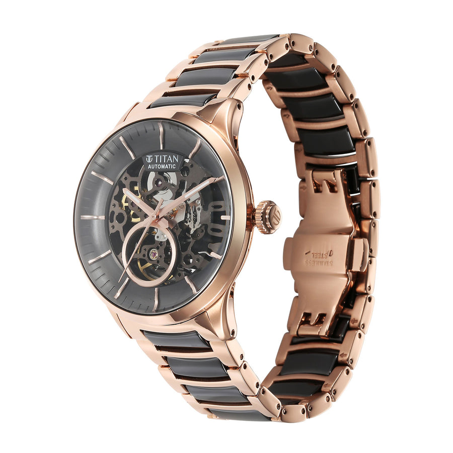 Titan Ceramic Fusion Automatic Black Dial Rose Gold Dual-Toned Stainless Steel Bracelet Watch for Men