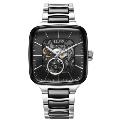 Titan Ceramic Fusion Automatic Square Black Dial Silver Dual-Toned Stainless Steel Bracelet Watch for Men