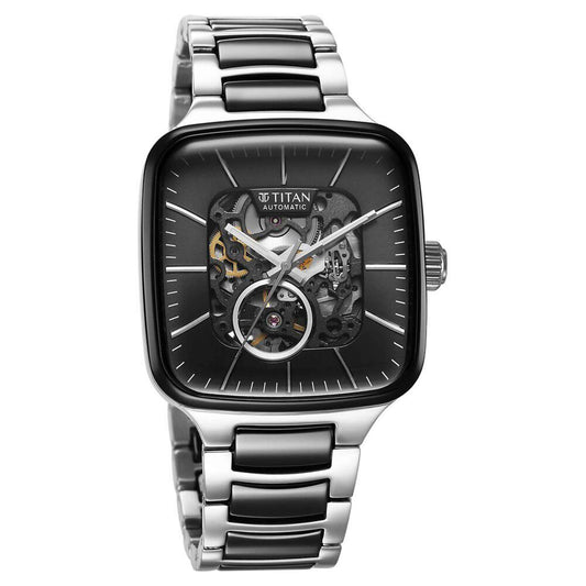 Titan Ceramic Fusion Automatic Square Black Dial Silver Dual-Toned Stainless Steel Bracelet Watch for Men
