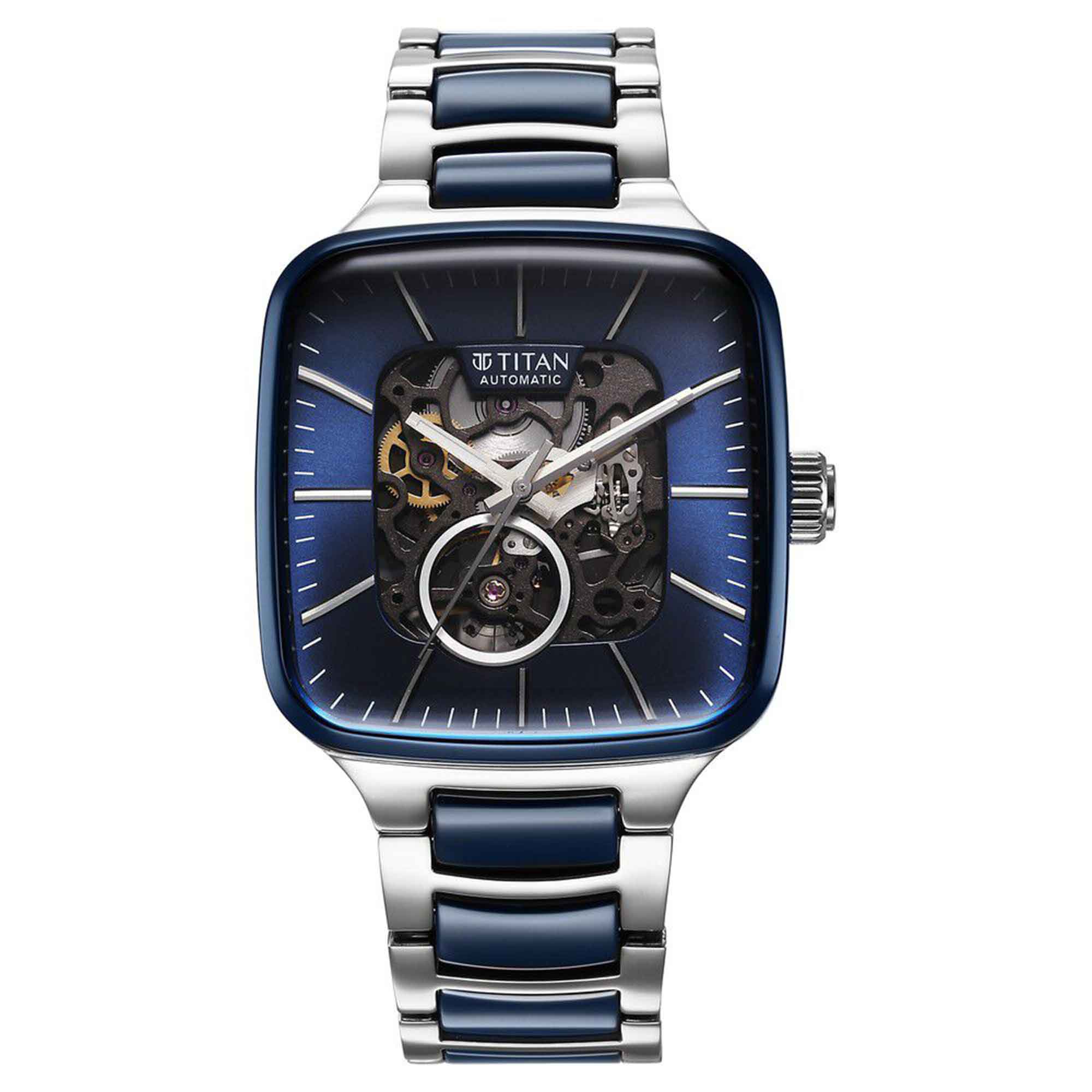 Titan Ceramic Fusion Automatic Square Blue Dial Rose Gold Dual-Toned Stainless Steel Bracelet Watch for Men