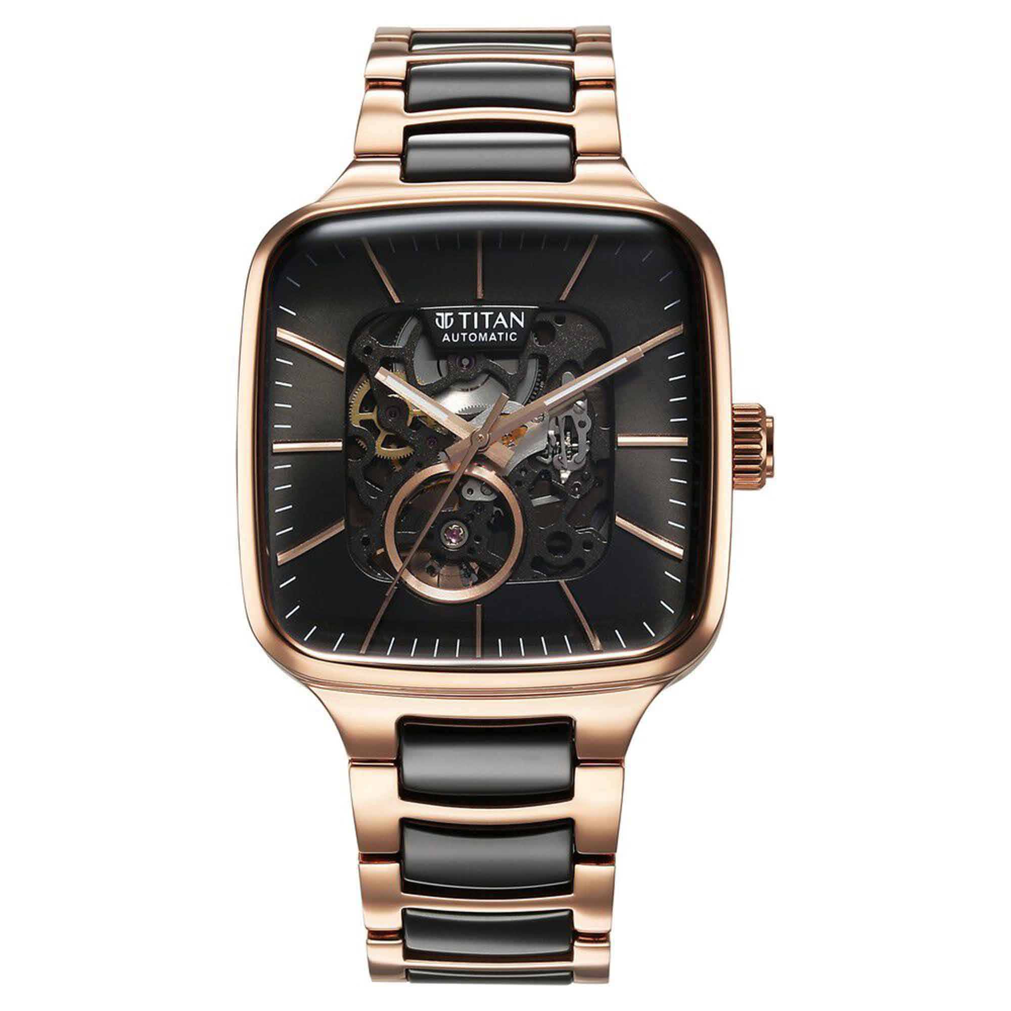 Titan Ceramic Fusion Automatic Square Black Dial Silver Dual-Toned Stainless Steel Bracelet Watch for Men