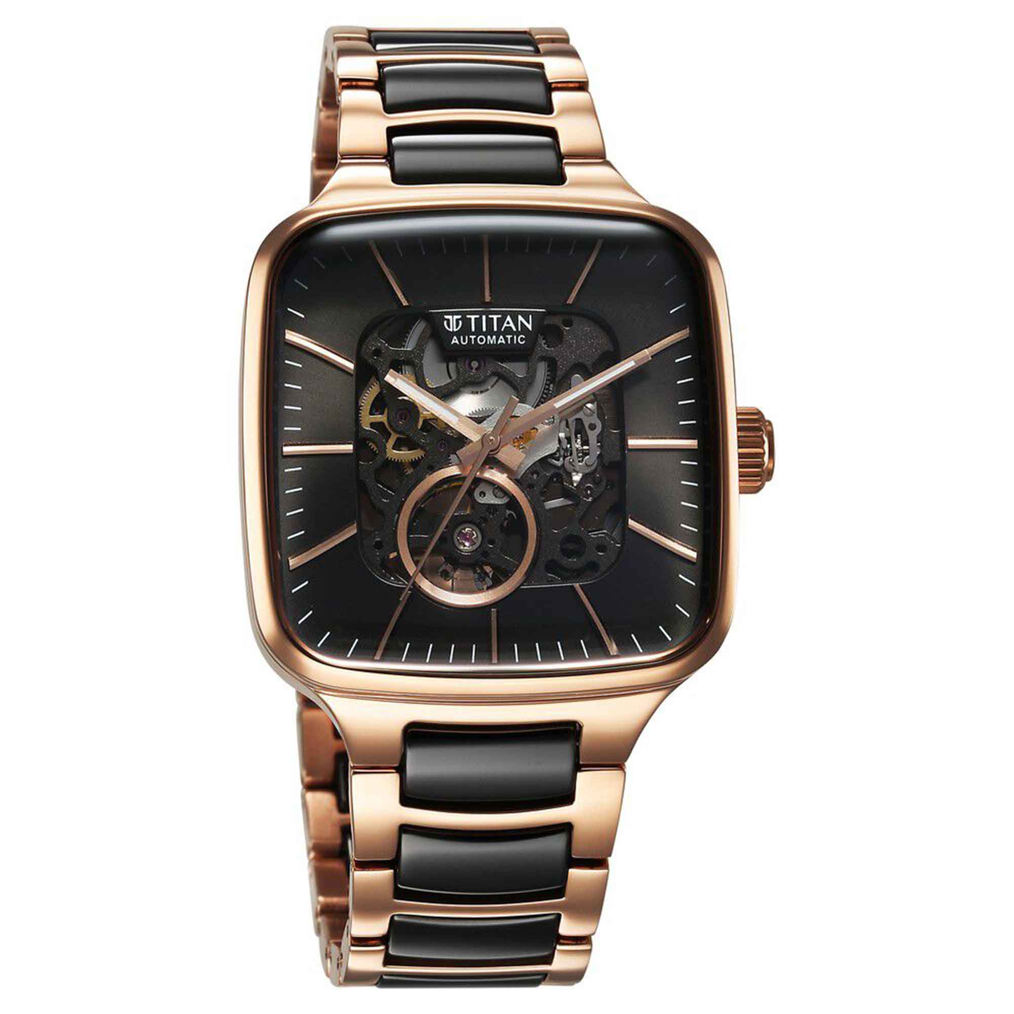Titan Ceramic Fusion Automatic Square Black Dial Silver Dual-Toned Stainless Steel Bracelet Watch for Men