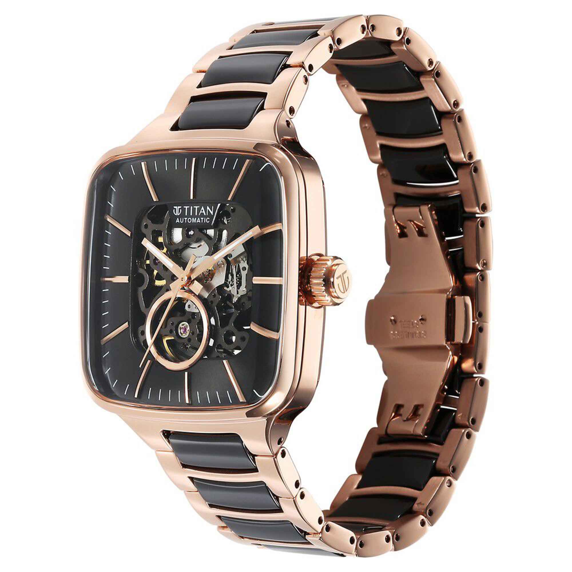 Titan Ceramic Fusion Automatic Square Black Dial Silver Dual-Toned Stainless Steel Bracelet Watch for Men