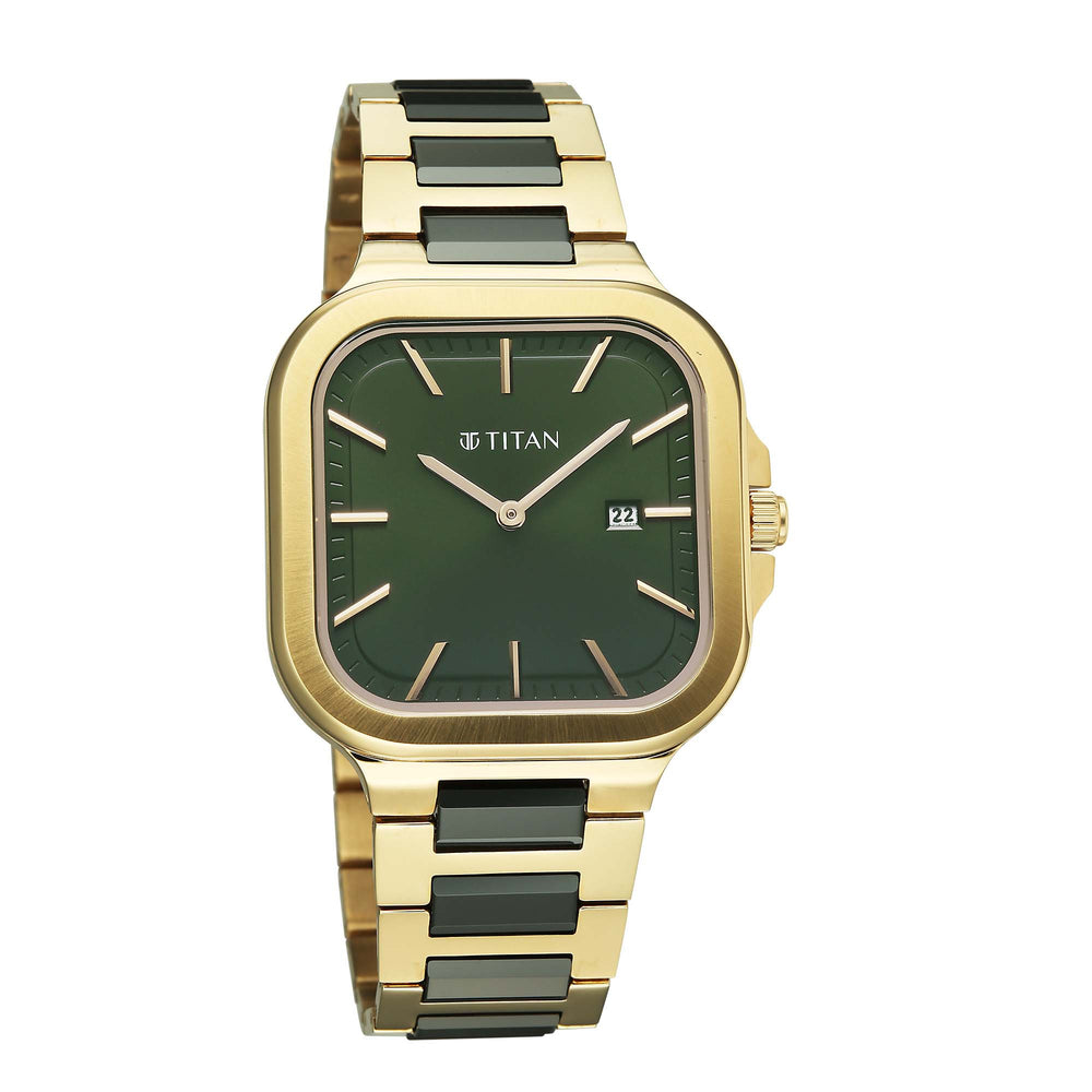 Titan Classique Green Square Dial Two Toned Stainless Steel Strap Analog with Date Watch for Men