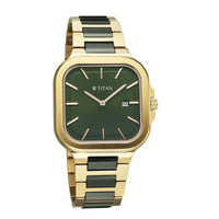 Titan Classique Green Square Dial Two Toned Stainless Steel Strap Analog with Date Watch for Men