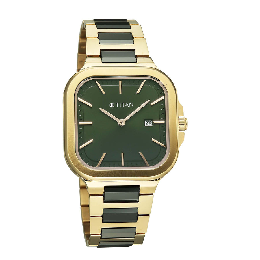 Titan Classique Green Square Dial Two Toned Stainless Steel Strap Analog with Date Watch for Men