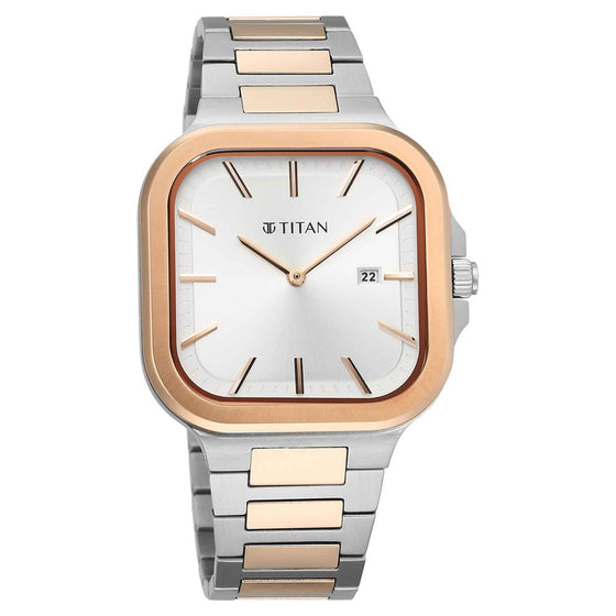 Titan Classique Slim Square Quartz Analog with Date Silver Dial Stainless Steel Strap Watch for Men