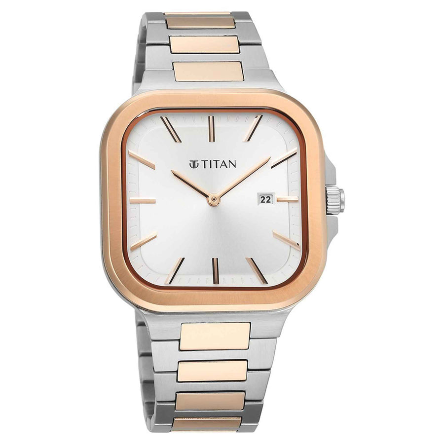 Titan Classique Slim Square Quartz Analog with Date Silver Dial Stainless Steel Strap Watch for Men