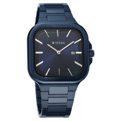 Titan Classique Slim Square Quartz Analog with Date Blue Dial Blue Stainless Steel Strap Watch For Men