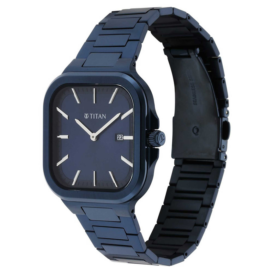Titan Classique Slim Square Quartz Analog with Date Blue Dial Blue Stainless Steel Strap Watch For Men