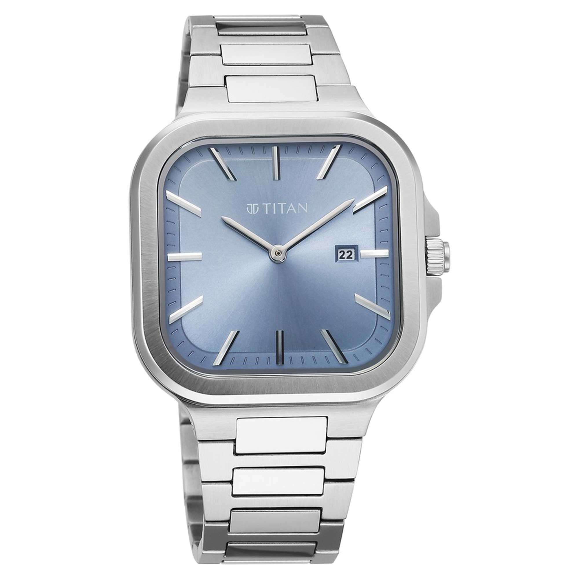 Titan Classique Slim Square Quartz Analog with Date Blue Dial Silver Stainless Steel Strap Watch For Men