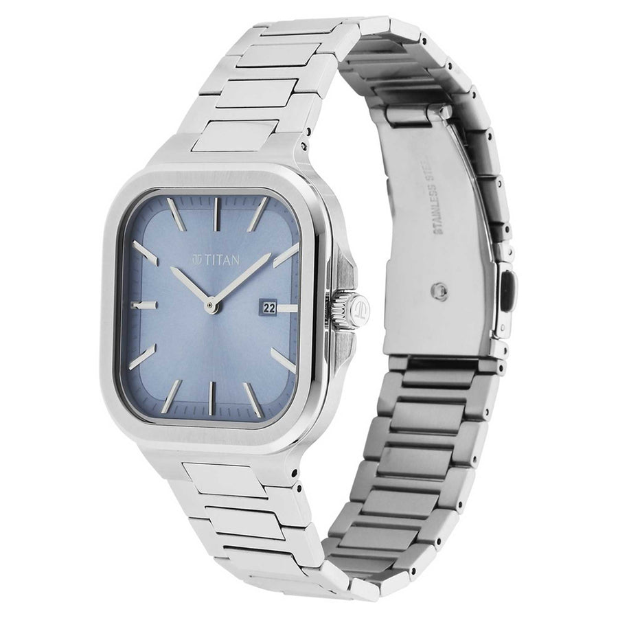 Titan Classique Slim Square Quartz Analog with Date Blue Dial Silver Stainless Steel Strap Watch For Men