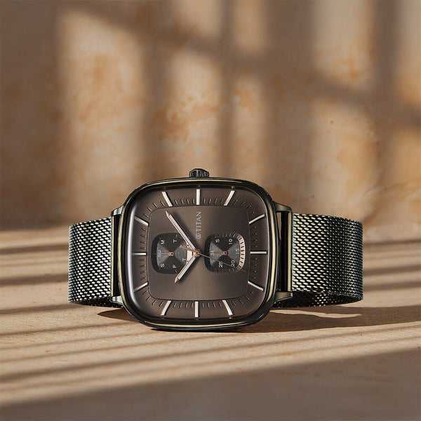 Titan Avant Garde Quartz Multifunction Brown Dial With Green Color Stainless Steel Strap Watch For Men