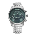 Titan Micromotors analog watch for men with green dial, silver stainless steel strap, & 2 sub-dials.