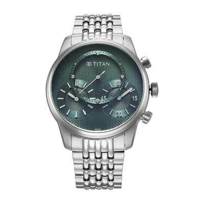 Titan Micromotors analog watch for men with green dial, silver stainless steel strap, & 2 sub-dials.