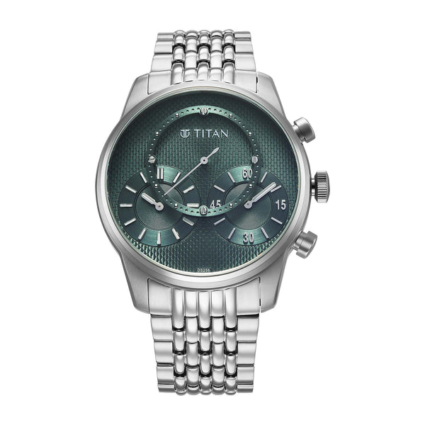 Titan Micromotors analog watch for men with green dial, silver stainless steel strap, & 2 sub-dials.