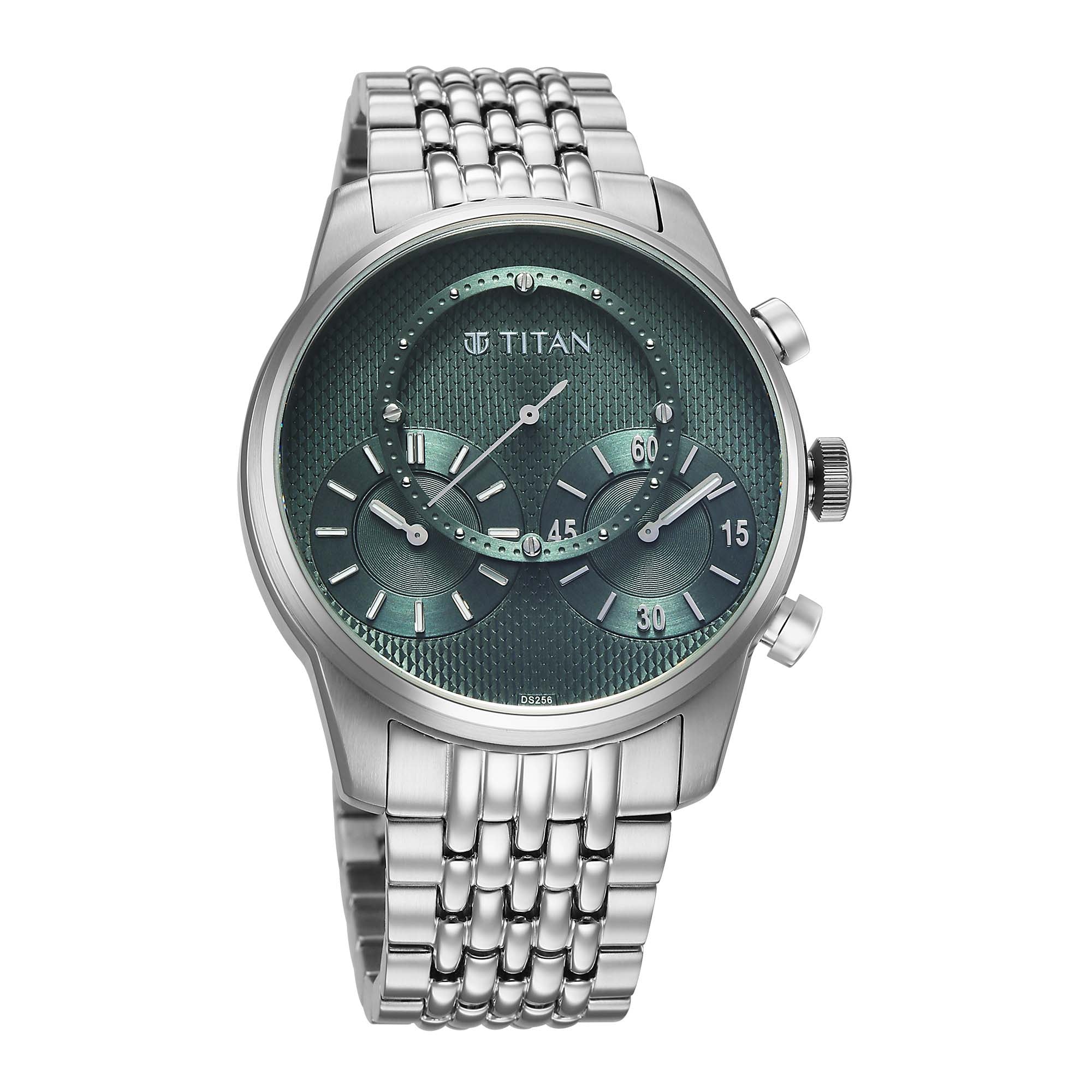 Titan Micromotors men's analog watch with green independent hour dial, minute, and second sub dial.